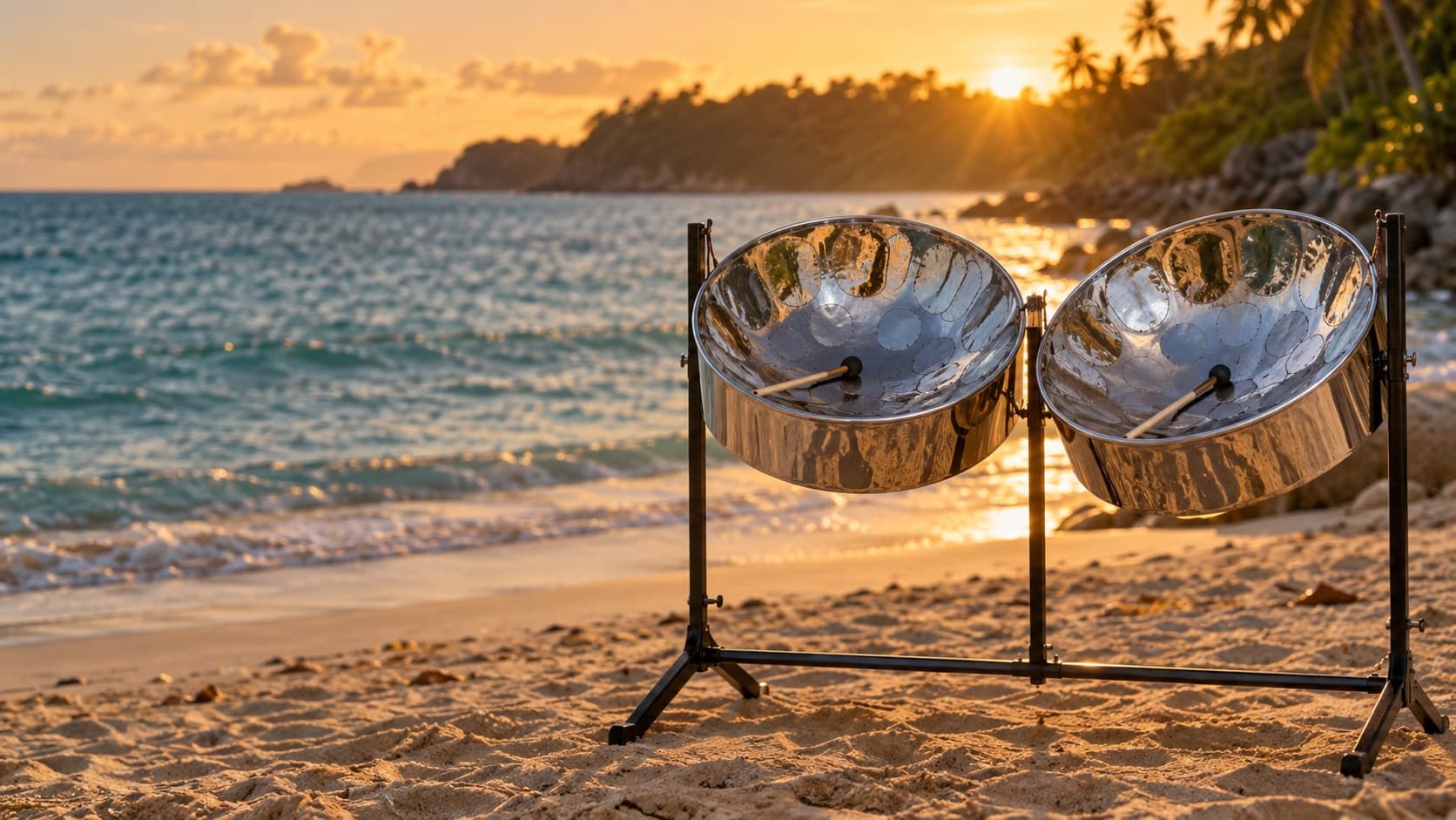 Two chrome steel pans on a black stand on the sand at sunset
