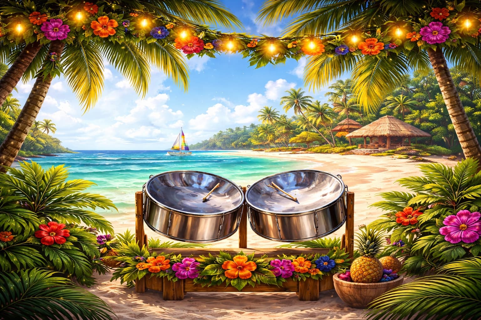 Steel drums on a tropical Caribbean beach with palm trees and turquoise ocean